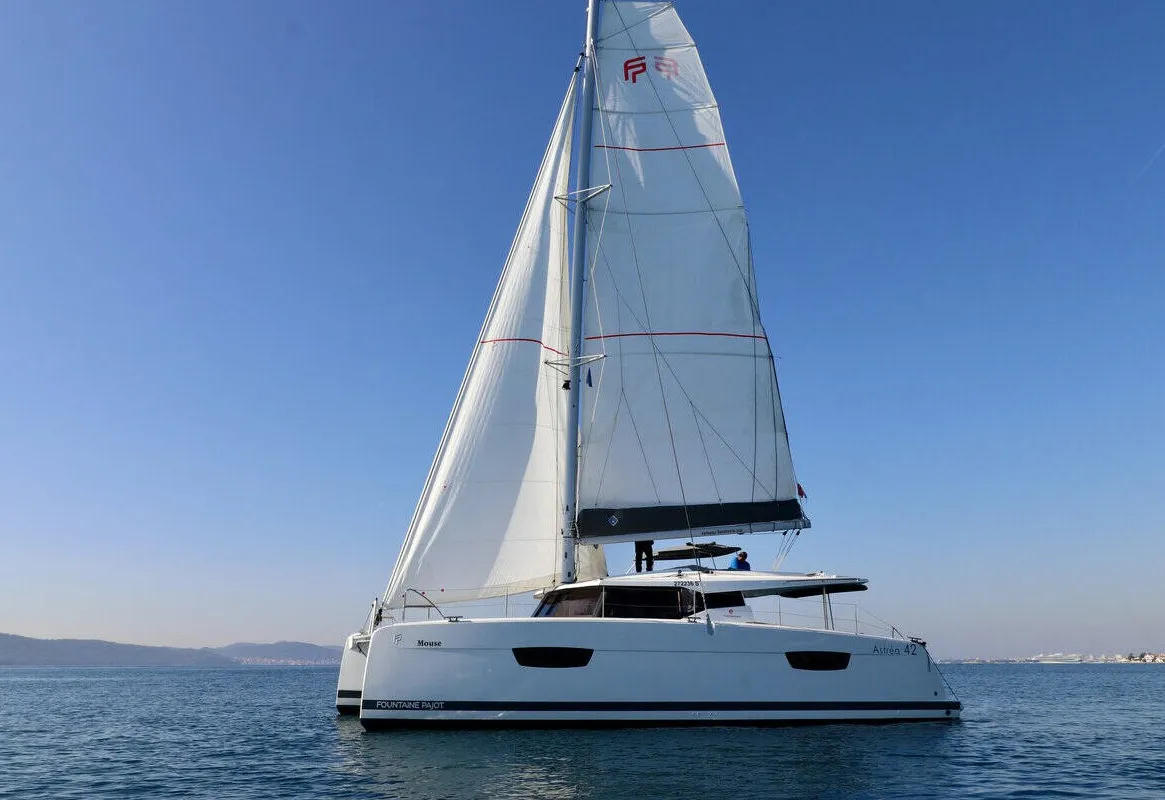Exterior view of Mouse, a Fountaine Pajot Astrea 42 catamaran at Općina Rogoznica, Croatia