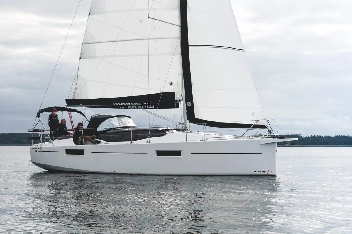 Exterior view of Zimny Kat, a Northman Maxus 34 sailboat at Sztynort, Poland