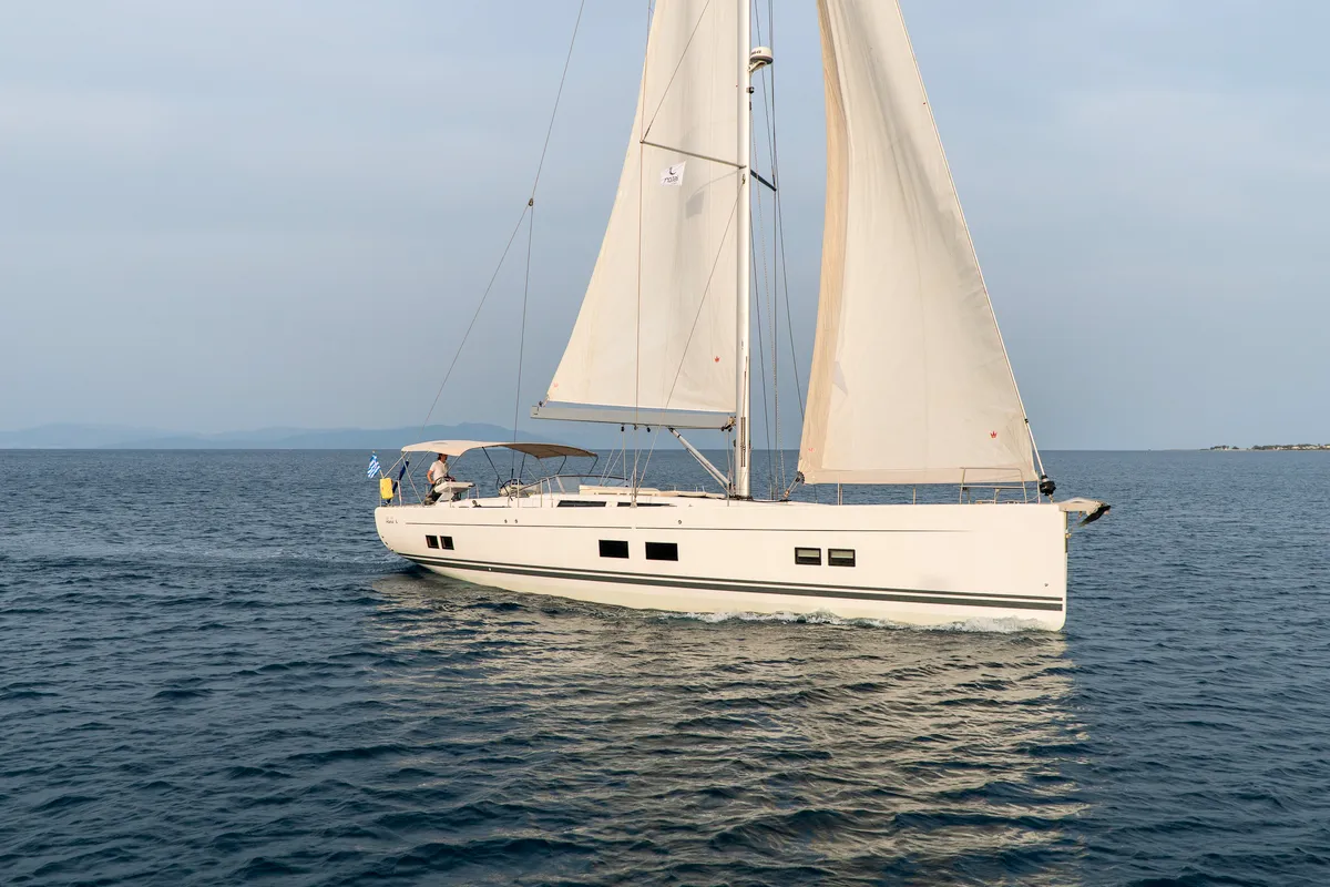 Exterior view of Amadea, a Hanse 588 sailboat at Kos, Greece
