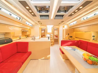Salon of Amadea, a Hanse 588 sailboat at Kos, Greece