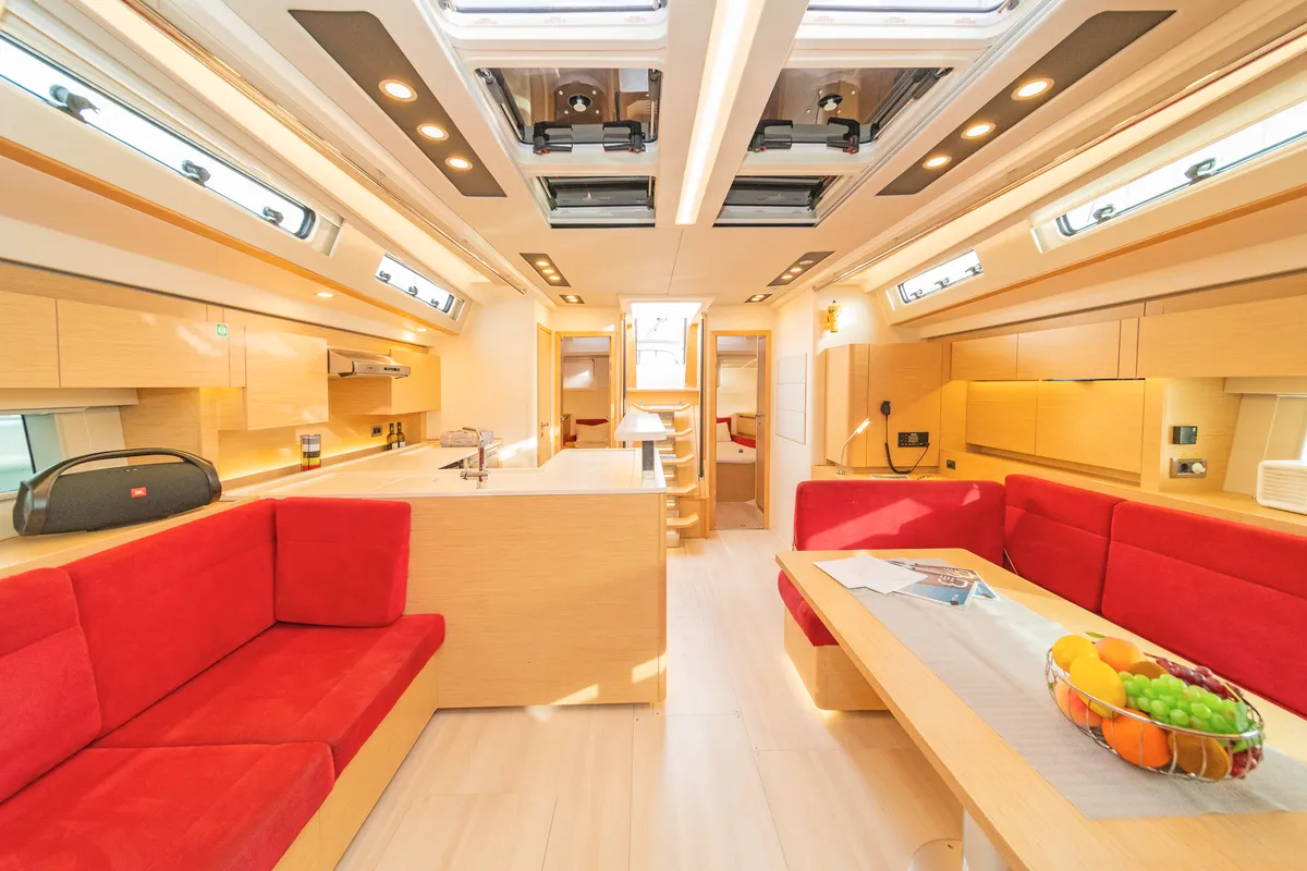 Salon of Amadea, a Hanse 588 sailboat at Kos, Greece