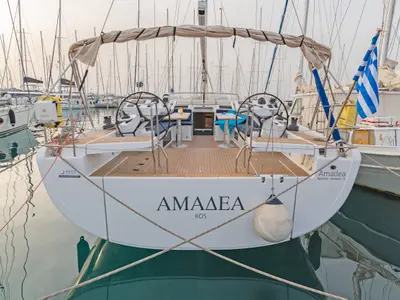 Cockpit of Amadea, a Hanse 588 sailboat at Kos, Greece
