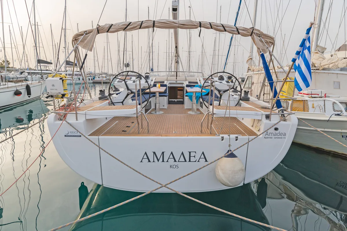 Cockpit of Amadea, a Hanse 588 sailboat at Kos, Greece