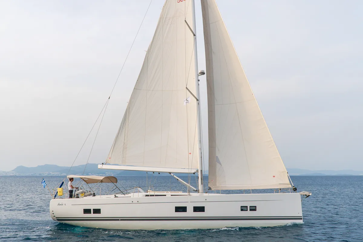 Exterior view of Amadea, a Hanse 588 sailboat at Kos, Greece