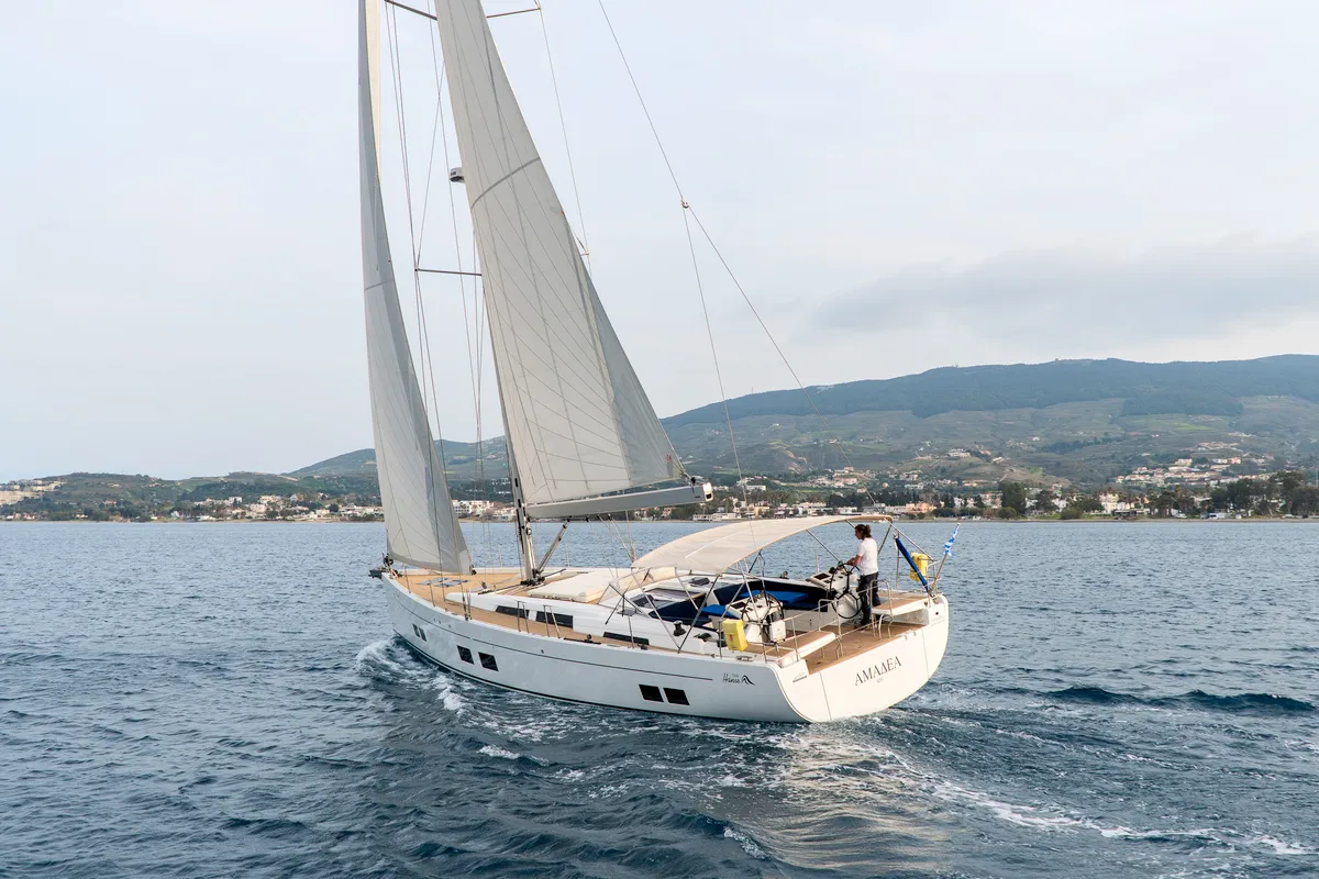 Exterior view of Amadea, a Hanse 588 sailboat at Kos, Greece