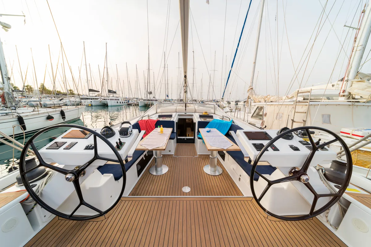 Cockpit of Amadea, a Hanse 588 sailboat at Kos, Greece