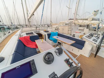 Deck of Amadea, a Hanse 588 sailboat at Kos, Greece