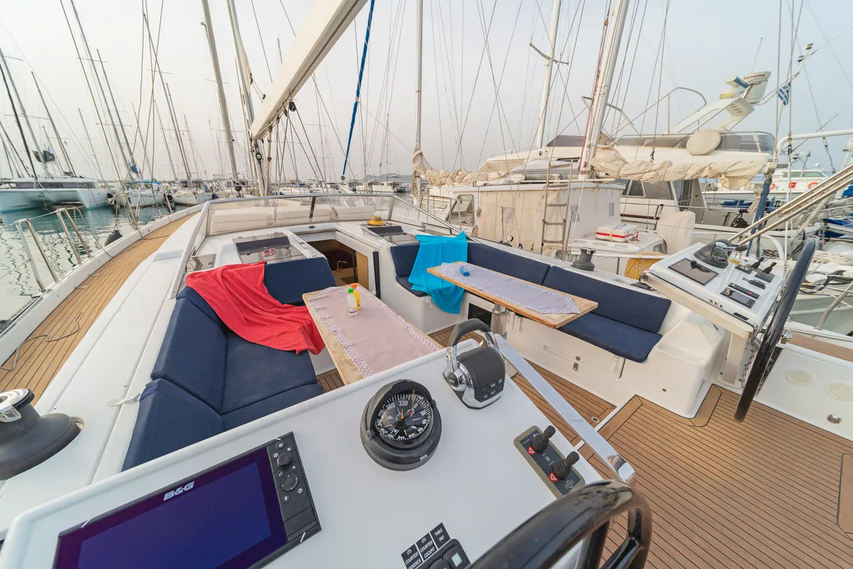 Deck of Amadea, a Hanse 588 sailboat at Kos, Greece