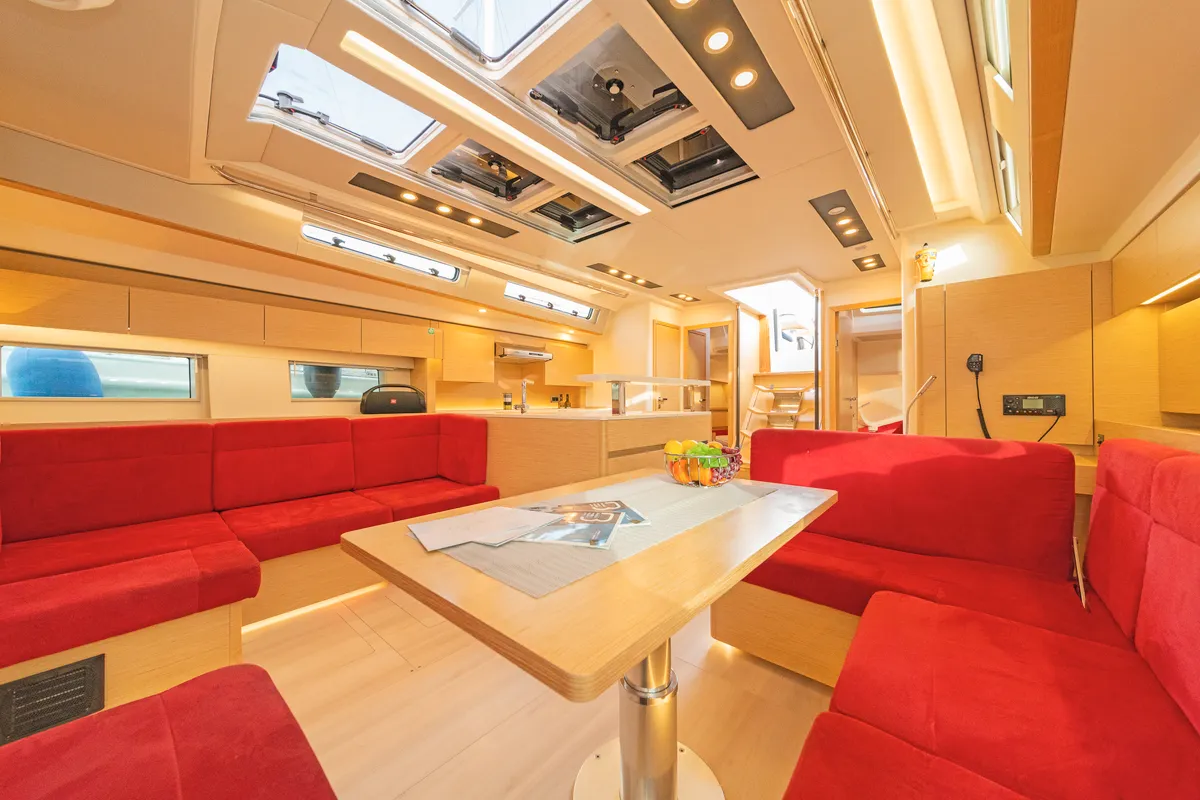 Salon of Amadea, a Hanse 588 sailboat at Kos, Greece
