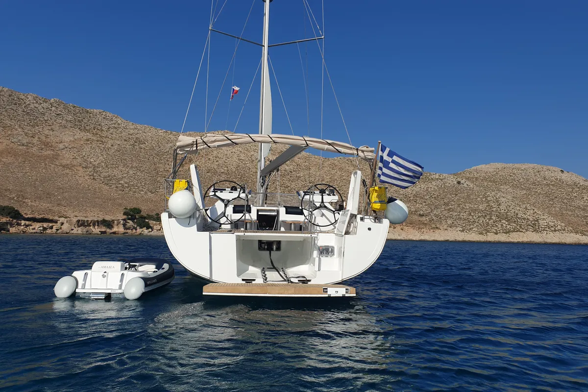 Exterior view of Amadea, a Hanse 588 sailboat at Kos, Greece