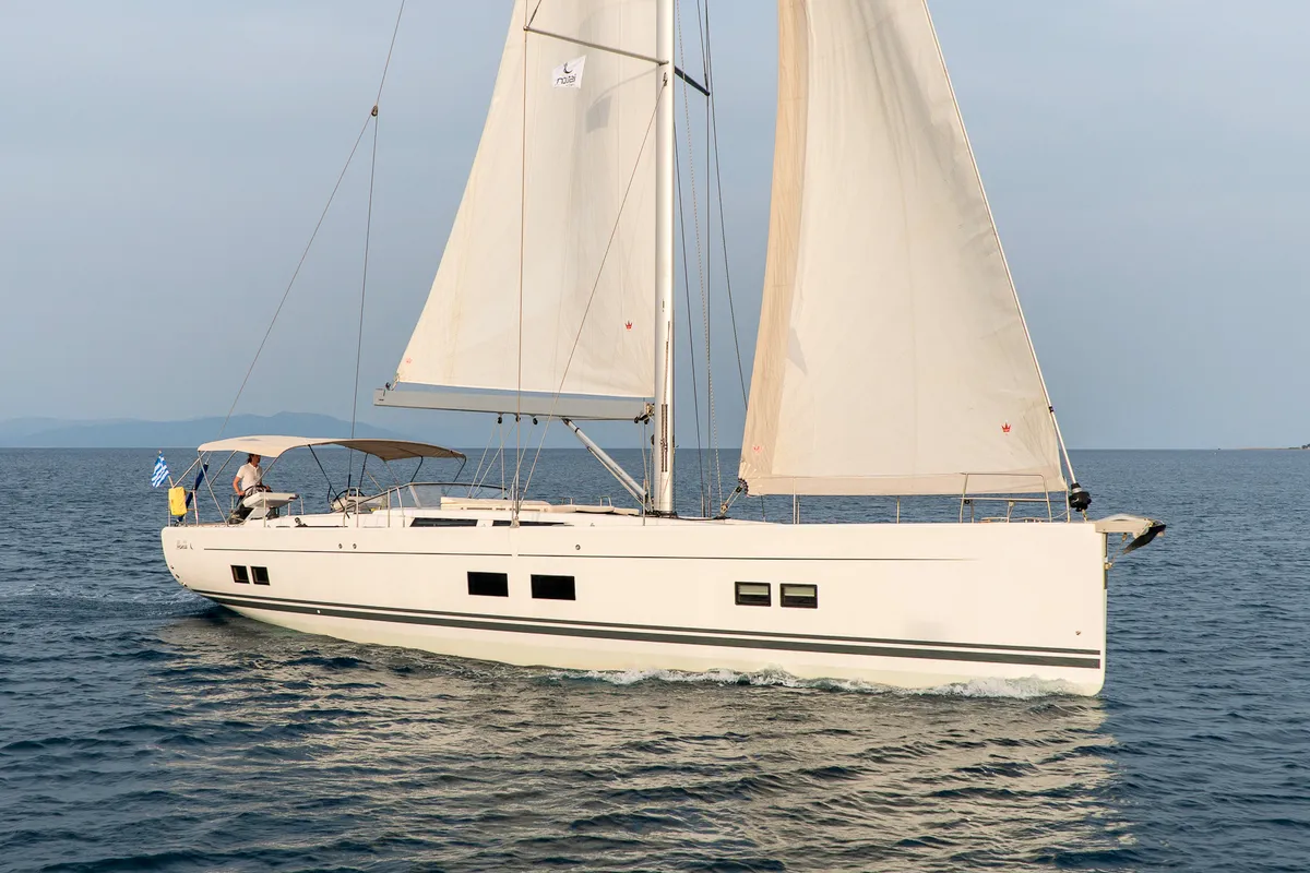 Exterior view of Amadea, a Hanse 588 sailboat at Kos, Greece