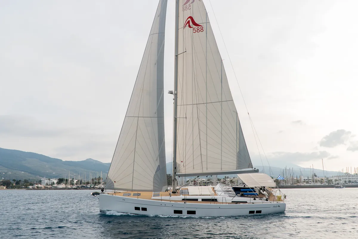 Exterior view of Amadea, a Hanse 588 sailboat at Kos, Greece