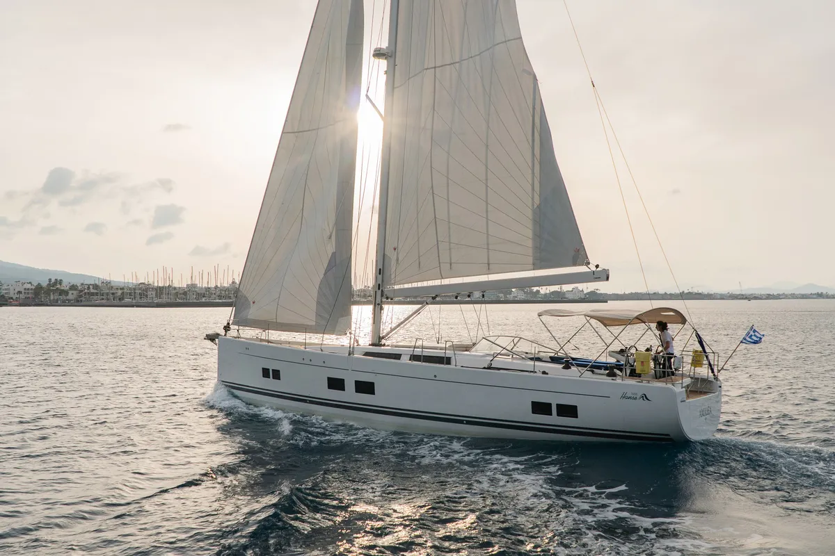 Exterior view of Amadea, a Hanse 588 sailboat at Kos, Greece