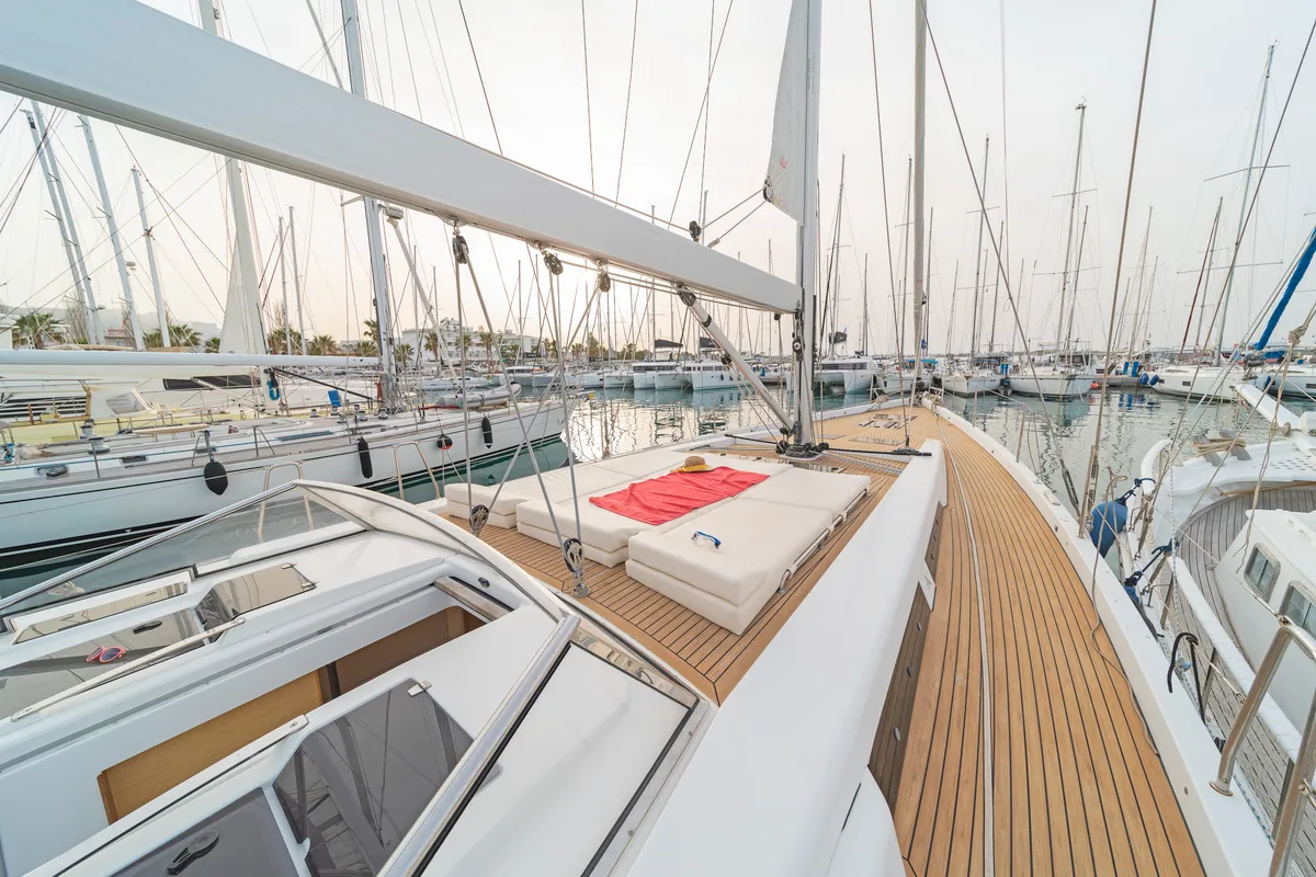 Deck of Amadea, a Hanse 588 sailboat at Kos, Greece