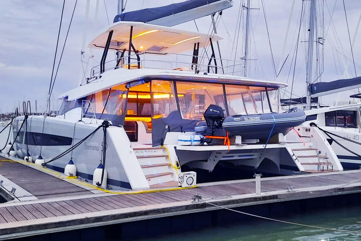Exterior view of Maurice, a Fountaine Pajot Samana 59 catamaran at Cannigione, Italy
