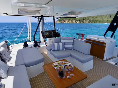Deck of Maurice, a Fountaine Pajot Samana 59 catamaran at Cannigione, Italy