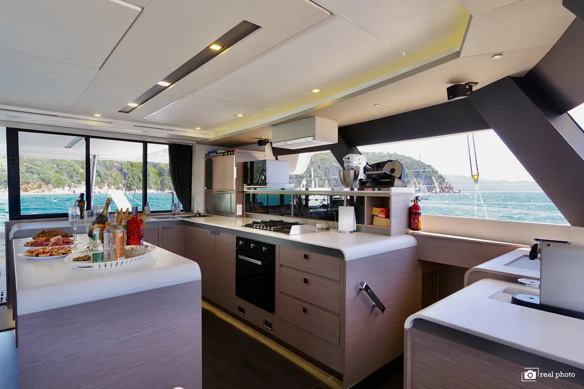 Galley of Maurice, a Fountaine Pajot Samana 59 catamaran at Cannigione, Italy