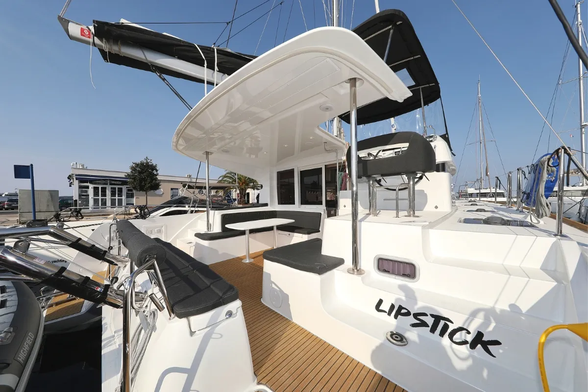 Exterior view of Lipstick, a Lagoon 40 catamaran at Grad Biograd na Moru, Croatia