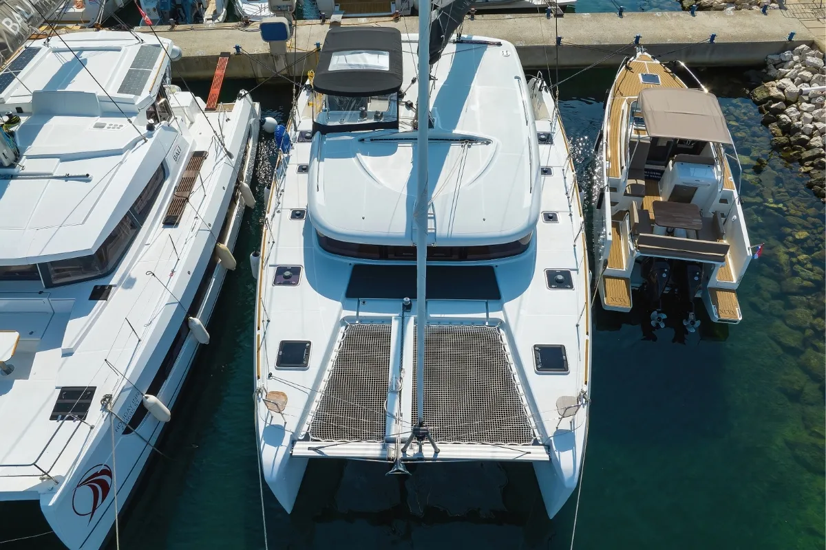 Exterior view of Lipstick, a Lagoon 40 catamaran at Grad Biograd na Moru, Croatia