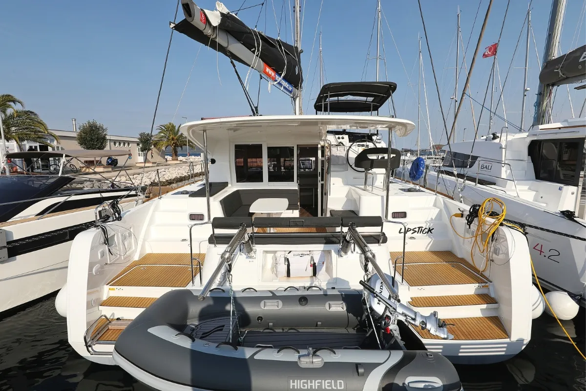 Exterior view of Lipstick, a Lagoon 40 catamaran at Grad Biograd na Moru, Croatia