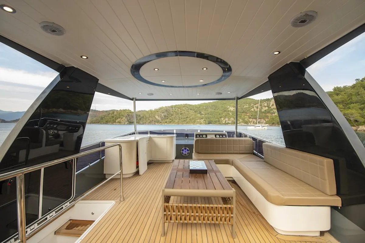 Deck of Golden Blue, a Custom Made Golden blue motor yacht at Fethiye, Turkey