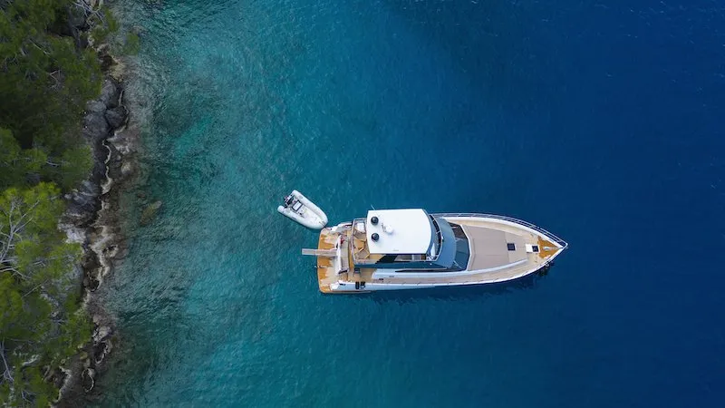 Exterior view of Golden Blue, a Custom Made Golden blue motor yacht at Fethiye, Turkey