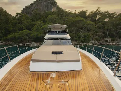 Deck of Golden Blue, a Custom Made Golden blue motor yacht at Fethiye, Turkey