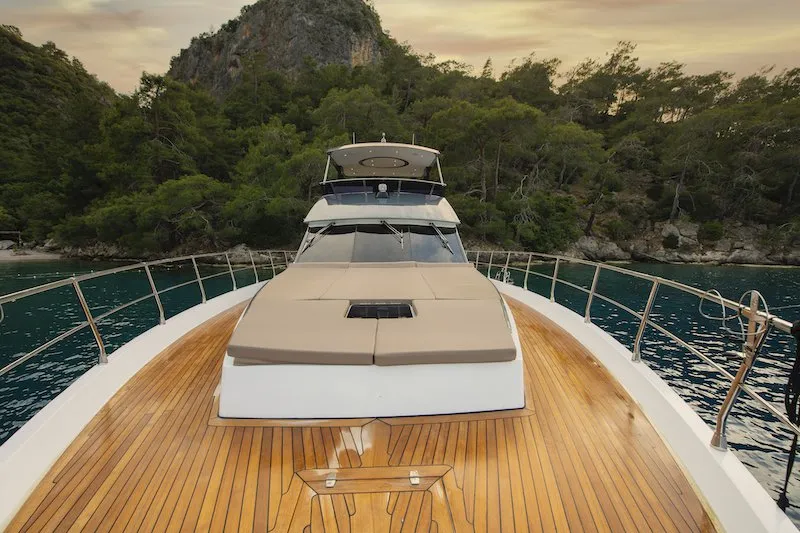 Deck of Golden Blue, a Custom Made Golden blue motor yacht at Fethiye, Turkey