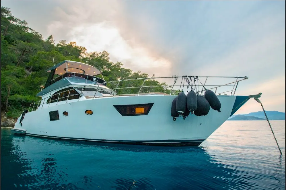Exterior view of Golden Blue, a Custom Made Golden blue motor yacht at Fethiye, Turkey