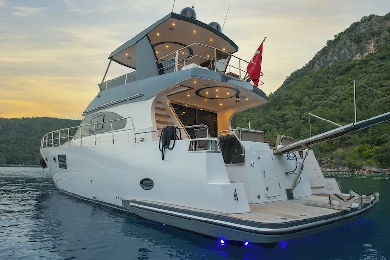 Exterior view of Golden Blue, a Custom Made Golden blue motor yacht at Fethiye, Turkey