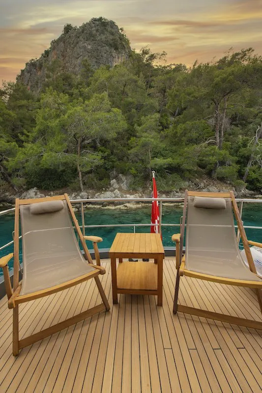 Deck of Golden Blue, a Custom Made Golden blue motor yacht at Fethiye, Turkey