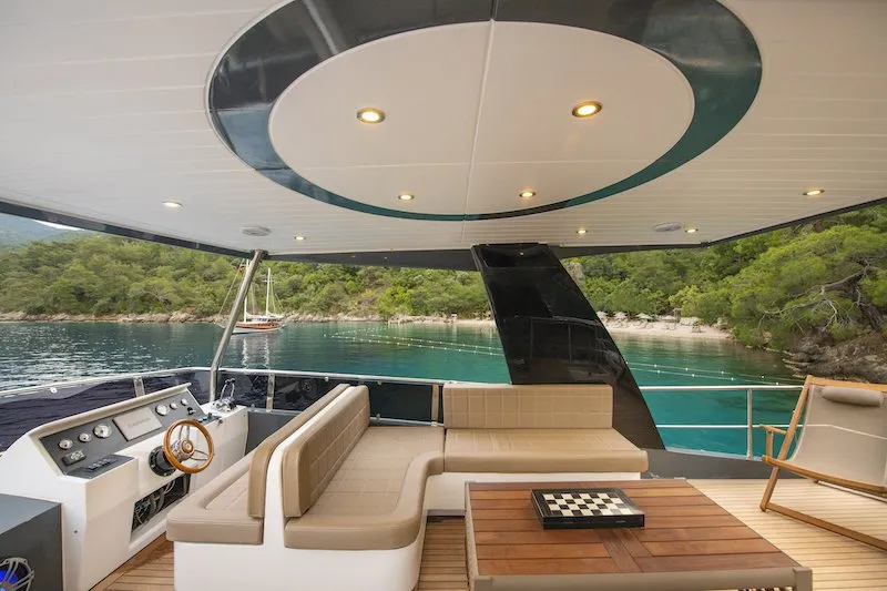Deck of Golden Blue, a Custom Made Golden blue motor yacht at Fethiye, Turkey
