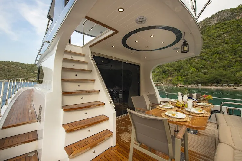 Deck of Golden Blue, a Custom Made Golden blue motor yacht at Fethiye, Turkey