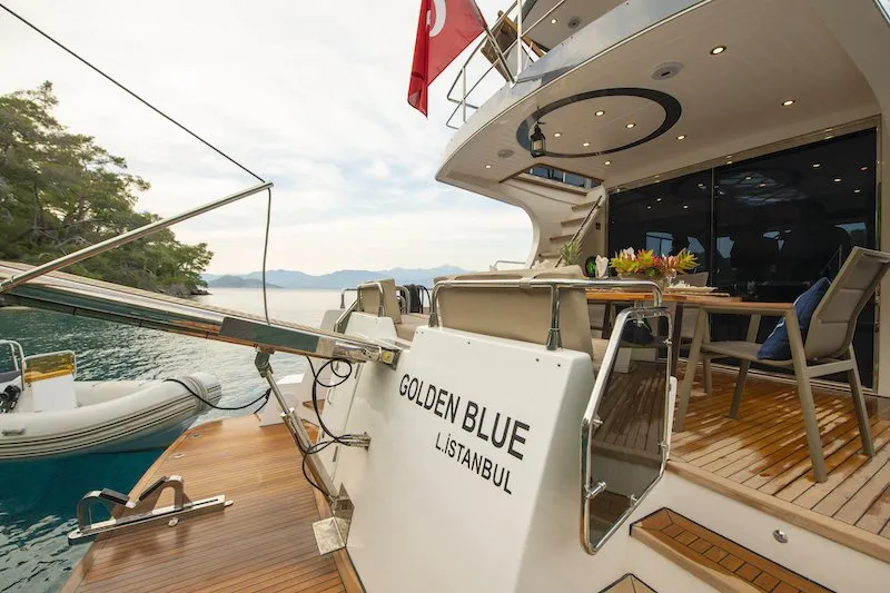 Exterior view of Golden Blue, a Custom Made Golden blue motor yacht at Fethiye, Turkey