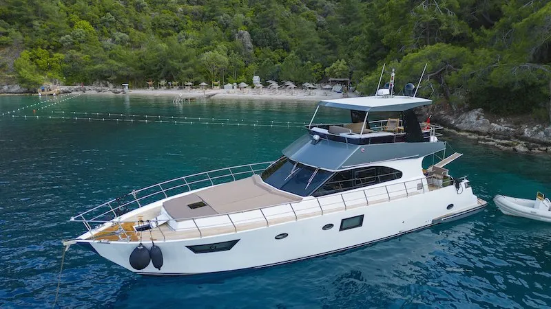 Exterior view of Golden Blue, a Custom Made Golden blue motor yacht at Fethiye, Turkey