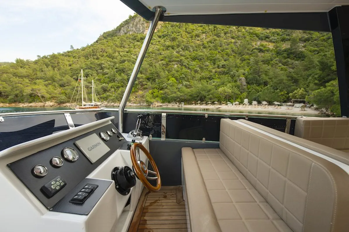 Cockpit of Golden Blue, a Custom Made Golden blue motor yacht at Fethiye, Turkey