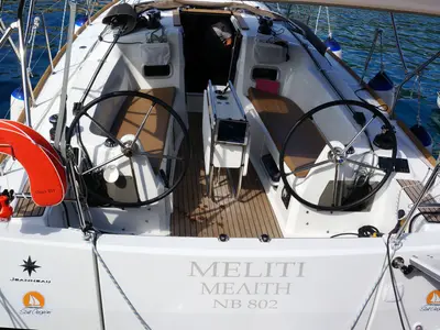 Cockpit of Meliti, a Jeanneau Sun Odyssey 349 sailboat at Volos, Greece