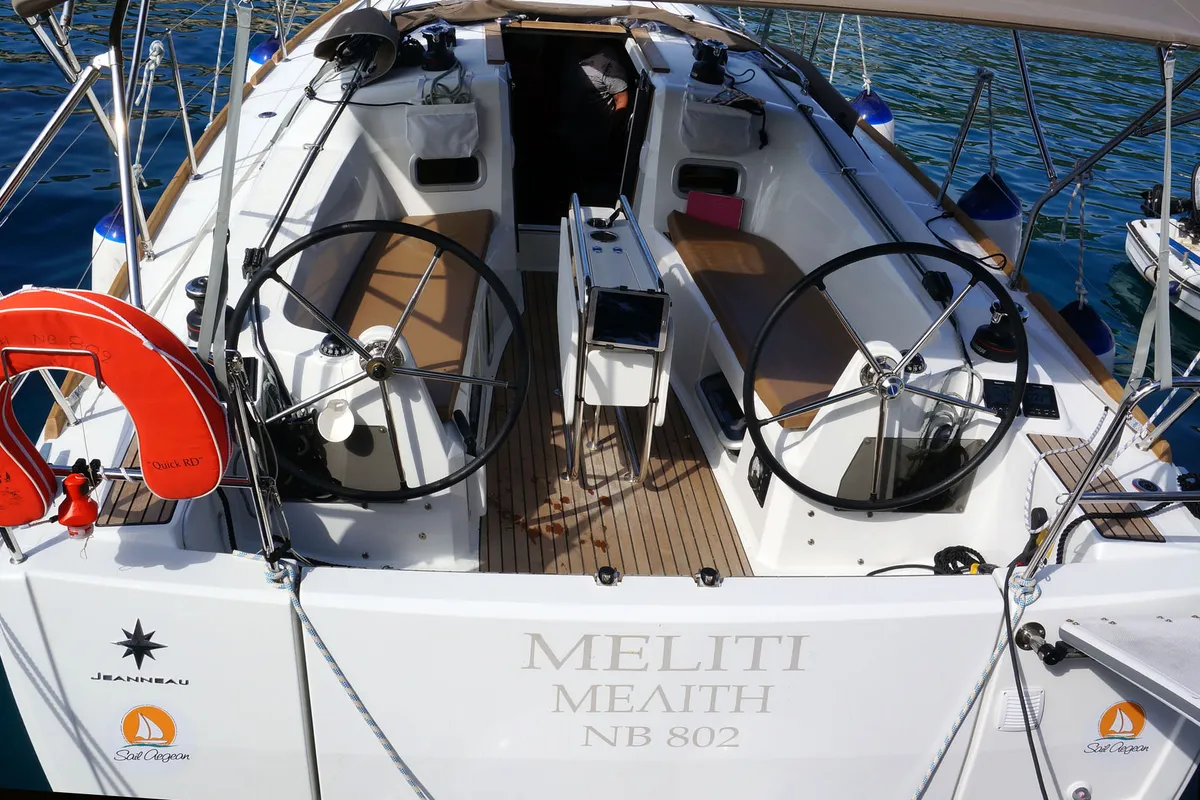 Cockpit of Meliti, a Jeanneau Sun Odyssey 349 sailboat at Volos, Greece