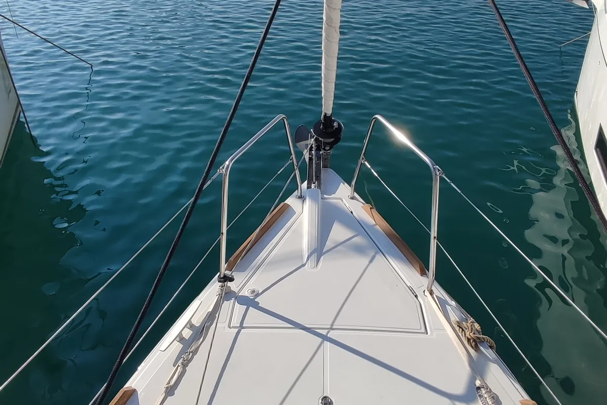 Deck of Meliti, a Jeanneau Sun Odyssey 349 sailboat at Volos, Greece