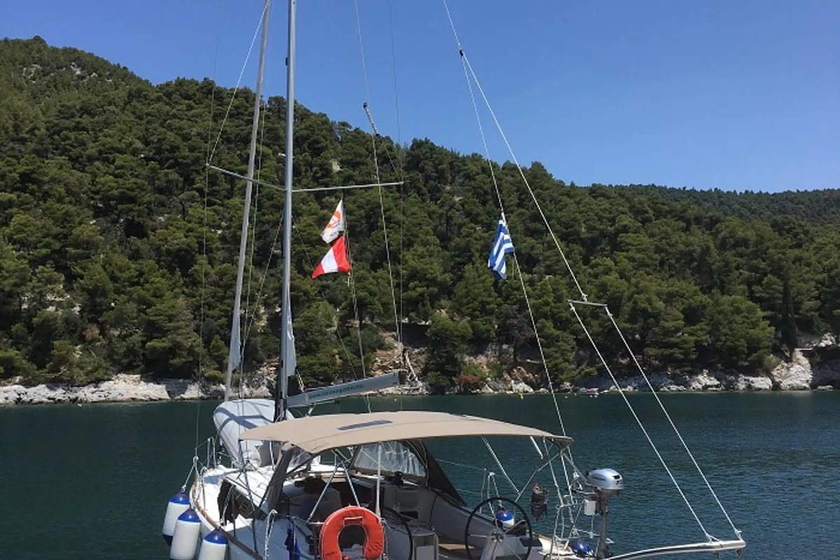 Exterior view of Meliti, a Jeanneau Sun Odyssey 349 sailboat at Volos, Greece