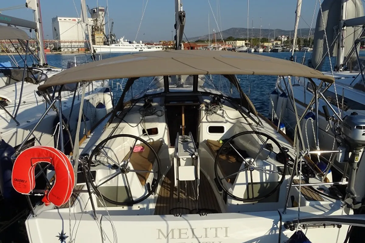 Cockpit of Meliti, a Jeanneau Sun Odyssey 349 sailboat at Volos, Greece