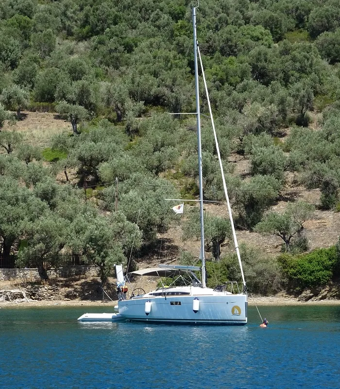 Exterior view of Meliti, a Jeanneau Sun Odyssey 349 sailboat at Volos, Greece