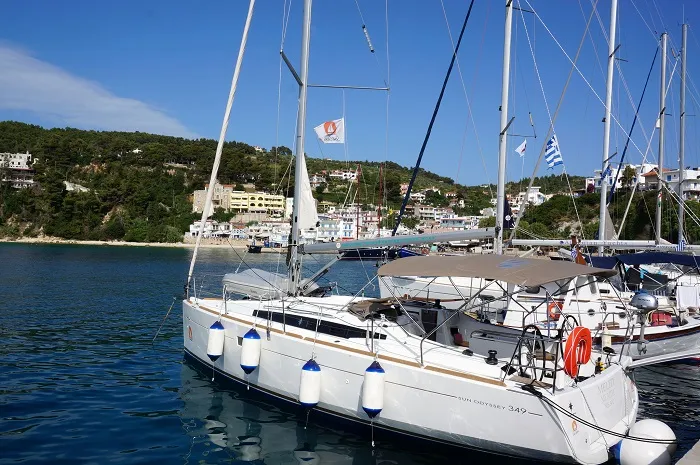 Exterior view of Meliti, a Jeanneau Sun Odyssey 349 sailboat at Volos, Greece