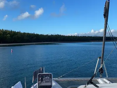Deck of Sea Spirit II, a Nautitech 46 Fly catamaran at Grande Rivière Noire VCA, Mauritius