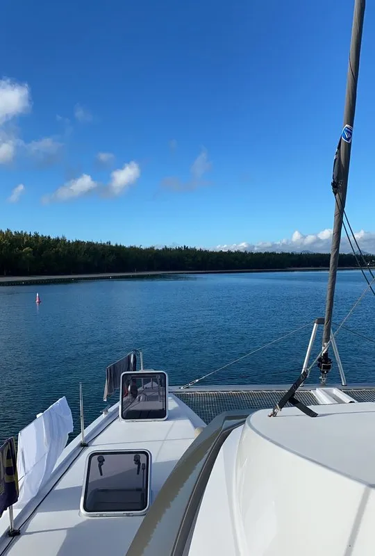 Deck of Sea Spirit II, a Nautitech 46 Fly catamaran at Grande Rivière Noire VCA, Mauritius