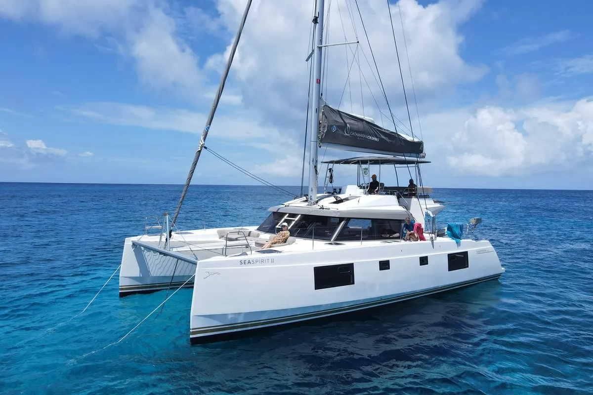 Exterior view of Sea Spirit II, a Nautitech 46 Fly catamaran at Grande Rivière Noire VCA, Mauritius