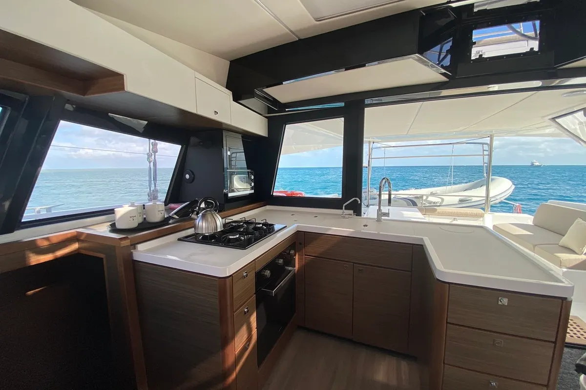 Galley of Sea Spirit II, a Nautitech 46 Fly catamaran at Grande Rivière Noire VCA, Mauritius