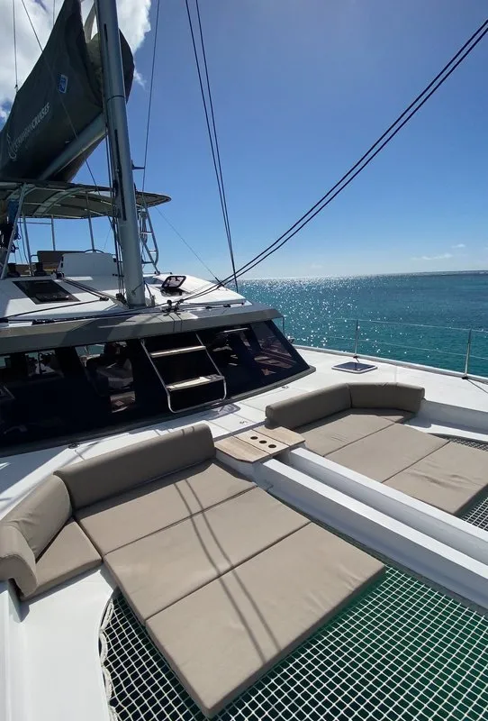 Deck of Sea Spirit II, a Nautitech 46 Fly catamaran at Grande Rivière Noire VCA, Mauritius