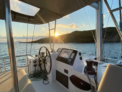 Cockpit of Sea Spirit II, a Nautitech 46 Fly catamaran at Grande Rivière Noire VCA, Mauritius