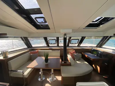 Salon of Sea Spirit II, a Nautitech 46 Fly catamaran at Grande Rivière Noire VCA, Mauritius
